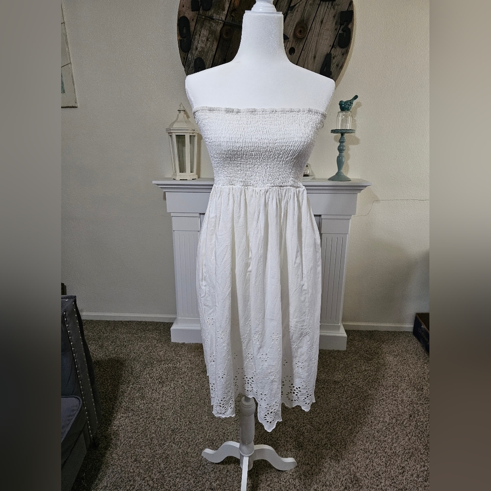 Strapless white eyelet dress